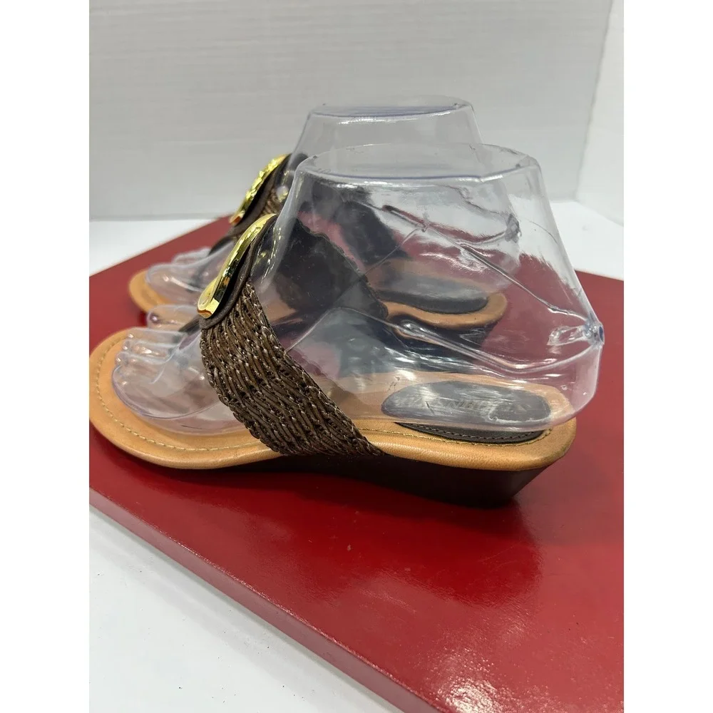 St. John's Bay Woven Wedge Sandals 10 Brown Gold Ring Boho Summer Classic